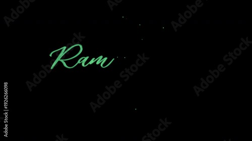 Ramadan Kareem text animation handwritten in green ink drops with particles. Green stylized calligraphy of the phrase 