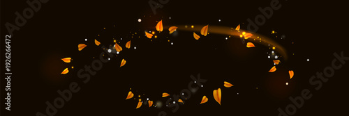 Yellow shiny line spiral spring wind effect with dust particles and leaves particles on black background. Concept of freshness, growth, spring, summer and ecology.