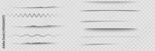 Various transparent shadows and straight linear to curved shapes on white background. Different intensity levels with depth and shading effects. Realistic