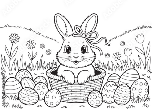 Happy Easter bunny surrounded by patterned eggs, clean black and white coloring page design. Ideal for children activities, festive printables, holiday invitations and creative projects
