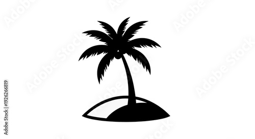 Black silhouette of a palm tree on a small island against a white background, symbolizing tropical vacation and paradise.