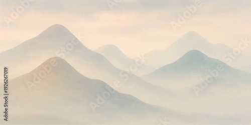 A serene snow-covered mountain range peak glows under a sunset sky as clouds and mist drift over the forest valley at dawn