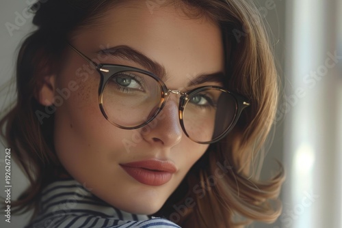 Portrait of a fashionable young woman with freckles wearing trendy round eyeglasses, showcasing a sophisticated and stylish look