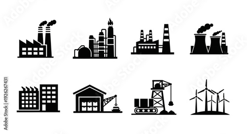 Industrial factory buildings and structures in silhouette, representing manufacturing and production.
