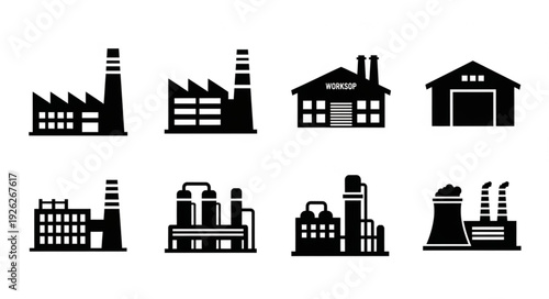 Industrial buildings and factories silhouette collection for various design projects and concepts.