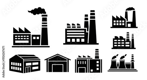 Industrial factory buildings silhouette set, representing manufacturing and production facilities.