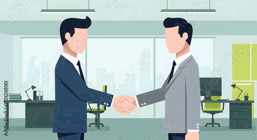 Two businessmen shaking hands in a modern office setting, symbolizing agreement and partnership. Professional corporate meeting.