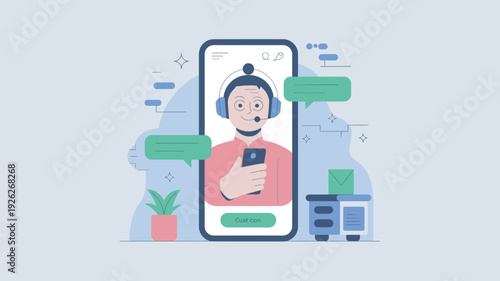 A customer service representative wearing a headset and talking on a smartphone with a chat interface