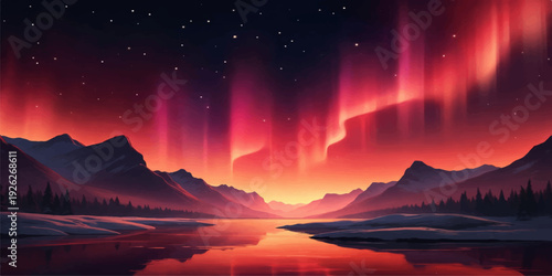 A beautiful mountain landscape captures the vibrant orange and red light of a sunrise and sunset over the horizon as clouds drift across the colorful morning and evening sky