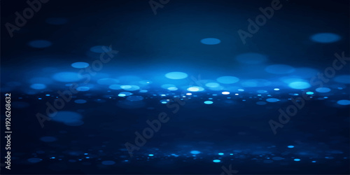 An abstract blue background with sparkles features a beautiful horizon where the clear sea meets a sunlit sky filled with white clouds and a light summer atmosphere