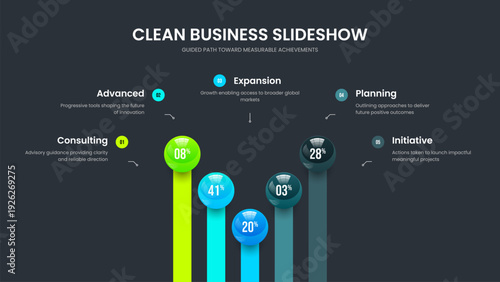 Corporate Launch Five Element Diagram Presentation Design. Colorful Proposal Slideshow Layout Vector Illustration. Product Portfolio 5 Option Chart Slide Template.