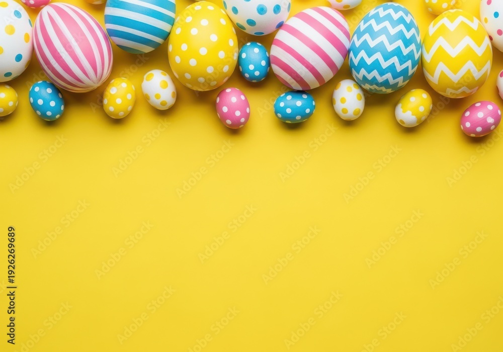 Fototapeta premium Colorful easter eggs in various patterns and designs on yellow background