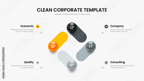 Simple Development 4 Step Diagram Presentation Design. Professional Insight Four Option Chart Slideshow Layout. Clean Review Slide Template Vector Illustration.
