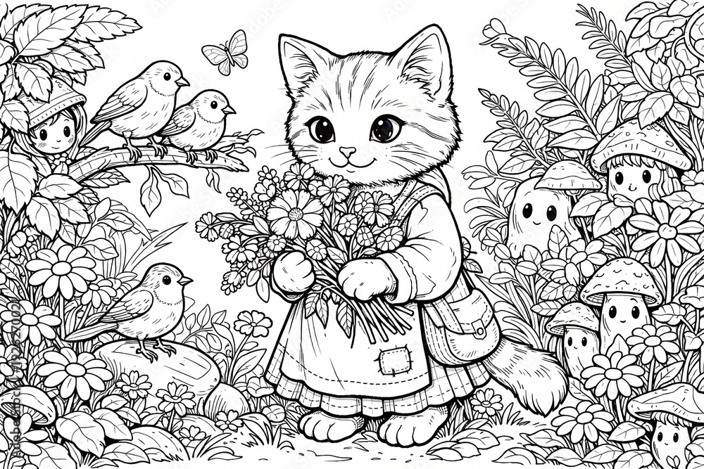 Fototapeta premium Delightful line drawing of a small dressed kitten holding a bouquet in a lush forest filled with birds, mushrooms, and tiny folk, perfect for kids? coloring and story projects.