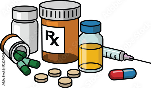 Vector illustration featuring prescription medicine bottles, capsules, tablets, and a medical syringe for healthcare pharmacy design