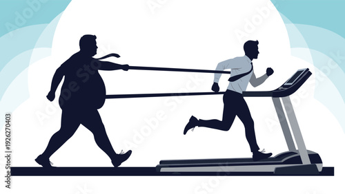 Businessman running fast on a treadmill while his heavy and out of shape shadow trails behind him representing transformation and fitness.