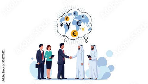 Diverse business professionals shake hands while thinking about global currency exchange and international finance markets.