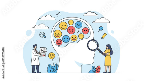 Medical professionals examine a large human head filled with various facial expressions to study mental health and emotional well being.