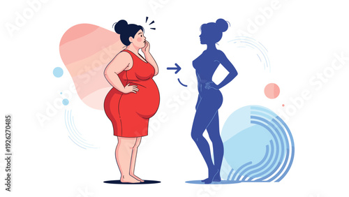 Body transformation concept shows a plus size woman in a red dress looking at a slim blue shadow as a symbol of weight loss goals.