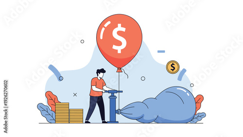 Determined man uses a blue manual pump to inflate a giant red balloon shaped like a dollar sign as a symbol of economic inflation.