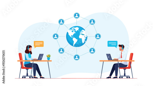 Customer support agents with headsets work at desks and communicate globally across a world map network to provide remote services.