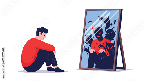Sad man sitting on the floor looks at his reflection in a mirror which reveals a dark and monstrous demonic shadow of himself.