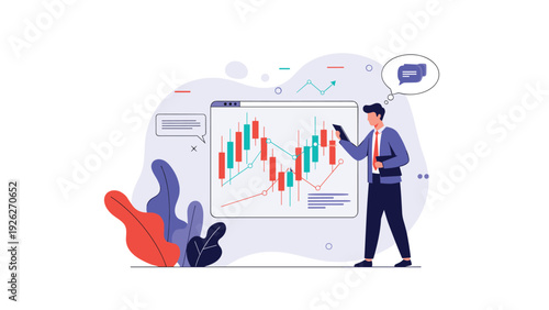 Professional trader analyzes financial stock market data and candlestick charts on a large screen to make informed investment decisions.