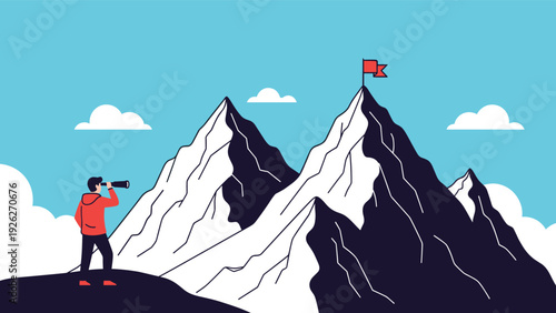 Adventurous man uses a telescope to look at a red flag planted on the highest peak of a mountain range for goal setting concept.