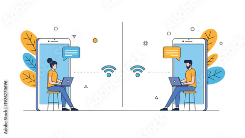 Two people sit inside giant smartphones and communicate through laptops to represent digital connectivity and social media interaction.