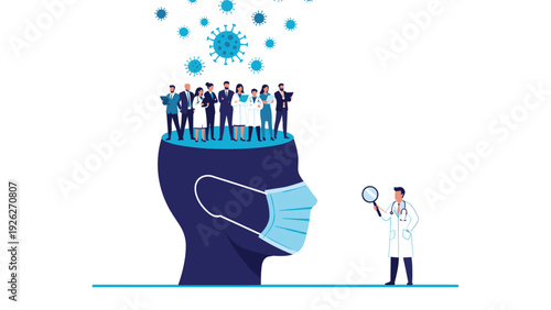 Medical expert examines a giant human head wearing a protective mask with doctors and virus particles representing pandemic response.