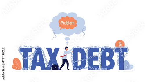 Worried businessman struggles to carry the massive weight of the words tax debt which are wrapped in heavy iron chains.