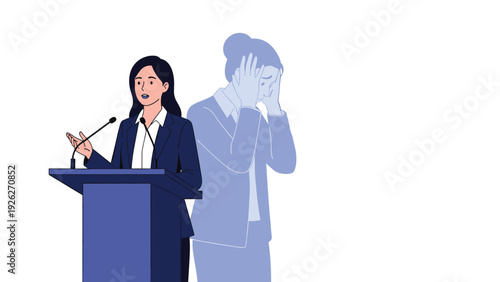 Professional female speaker stands at a podium while her transparent shadow depicts a state of deep emotional distress and inner psychological struggle.