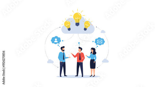 Three business professionals stand together engaged in a deep conversation under a cloud filled with three glowing lightbulbs for ideas.