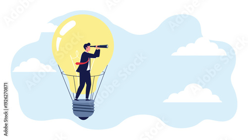 Creative visionary uses a telescope to look into the distance while floating in a lightbulb hot air balloon through a blue sky with soft white clouds.