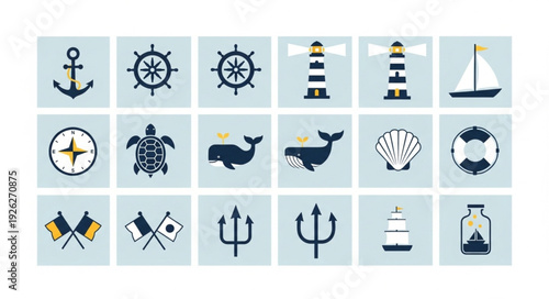 Collection of nautical and marine themed icons and symbols for design.