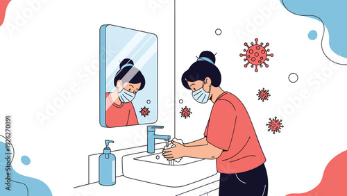 Young woman wearing a medical face mask washes her hands carefully in a sink to prevent the spread of red virus particles during a health pandemic.
