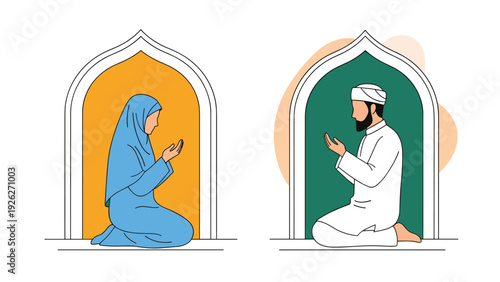 Devout Muslim man and woman kneel in prayer inside traditional architectural arches while practicing their faith with hands raised in deep devotion.