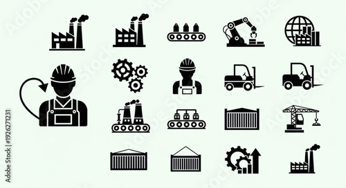 Industrial and manufacturing icons representing various aspects of production and logistics.