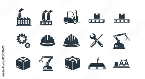 Industrial Icons Depicting Factories, Machinery, and Manufacturing Processes.