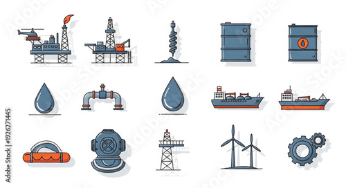 Oil and gas industry icons representing various aspects of energy production and transportation.