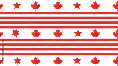 Graphic design of red maple leaves and stars on white background with horizontal stripes.