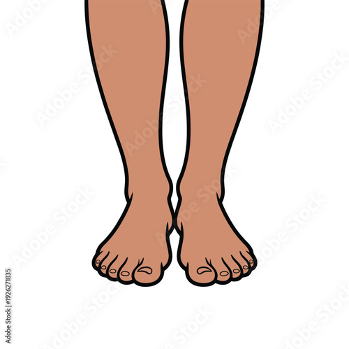 Pair of bare human feet stand slightly crossed.