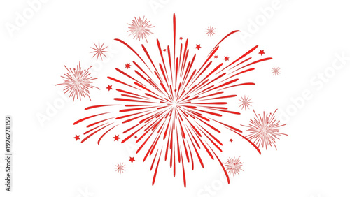 Vibrant red firework exploding in a starburst pattern with pink sparks on a white background.