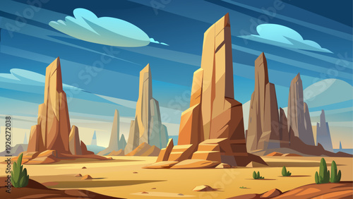 Tall limestone rock formations rising from flat natural ground open sky background clean minimal vector illustration flat design uncluttered composition