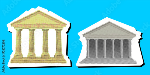 Set bank editable halftone dot scrapbook element vector for pop art finance. Ideal for symbolizing vintage wealth, classic banking, and retro economic collage designs.