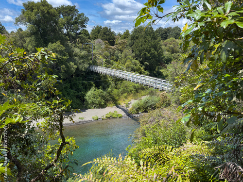 Wallpaper Mural View through trees of Red Hut Bridge over Tongariro River, New Zealand. Aging swing bridge, due for replacement. Part of Tongariro River Trail. Access to trout fishing pools. Torontodigital.ca