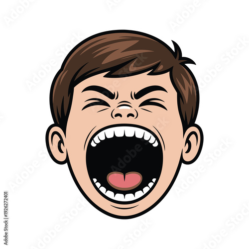 Boy's head shouts with wide open mouth widely.