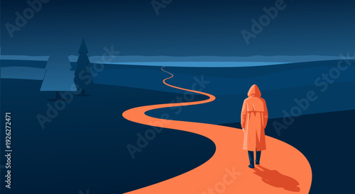 Contemplative Wanderer on Orange Path Through Dark Blue Landscape Illustration Vector