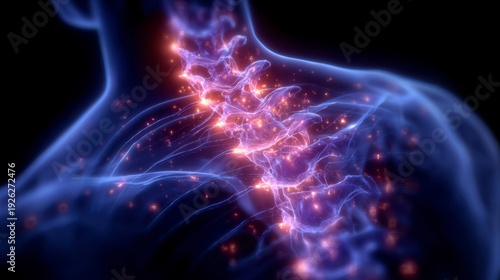 Artistic 3D rendering of cervical vertebrae glowing with energetic particles around the shoulder area, great for chiropractic branding, posture awareness, and medical infographics.