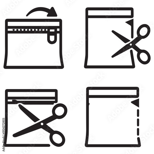 Zip Lock Opening Icons: Tear Notch, Scissors & Zipper Symbols for Packaging Bags, Food Pouches, and Handbag Closures.